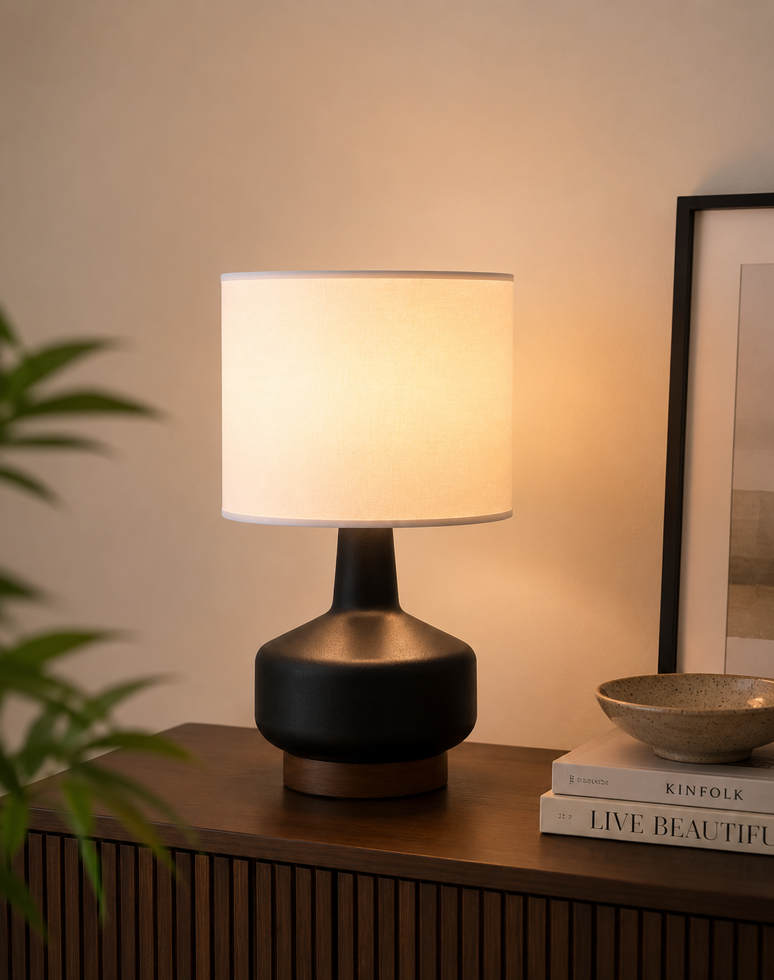 Elegant Matte Black Table Lamp with Wood Accent for Bedroom