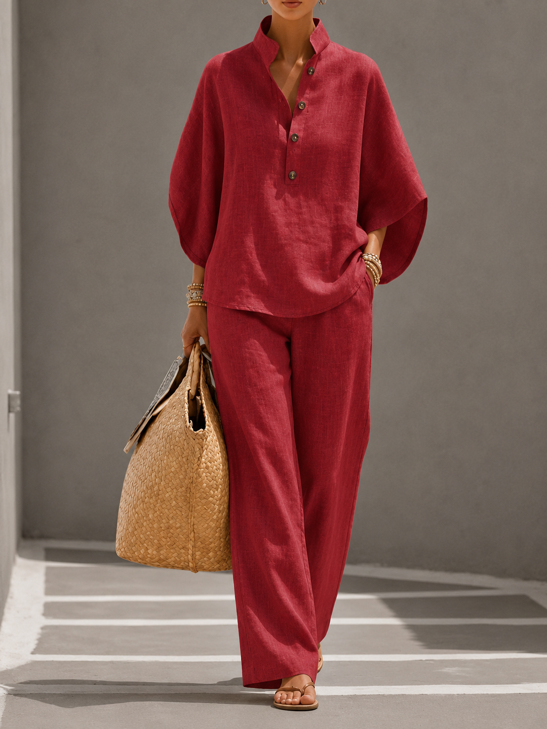 Brielle | Linen Batwing Top & Wide-Leg Pants Set