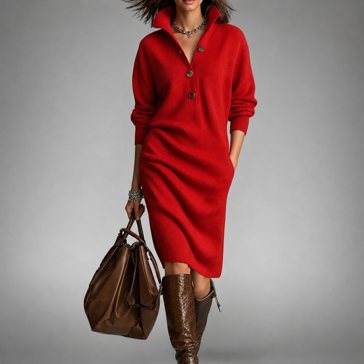 Elise™ | Cozy Button-Neck Sweater Dress