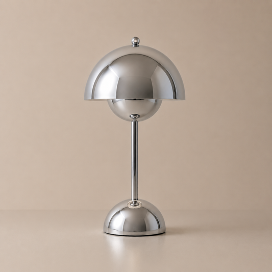 Chrome Mushroom Glow | Stylish Rechargeable Cordless Table Lamp for Bedroom
