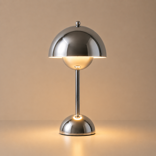 Chrome Mushroom Glow | Stylish Rechargeable Cordless Table Lamp for Bedroom