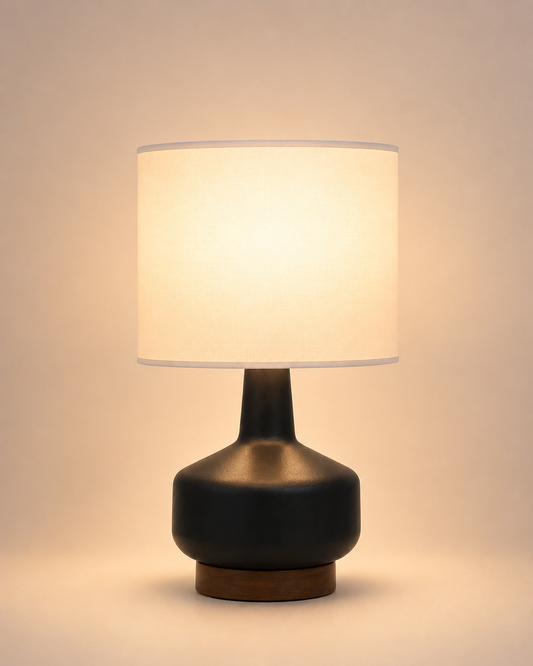 Elegant Matte Black Table Lamp with Wood Accent for Bedroom