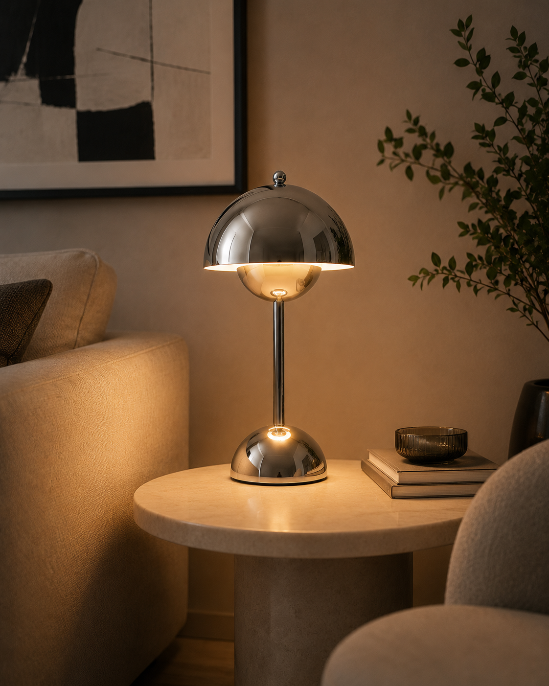 Chrome Mushroom Glow | Stylish Rechargeable Cordless Table Lamp for Bedroom