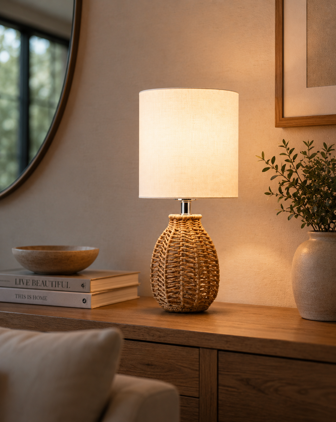 Elegant Natural Rattan Nightstand Table Lamp