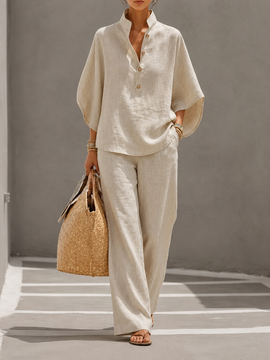 Brielle | Linen Batwing Top & Wide-Leg Pants Set