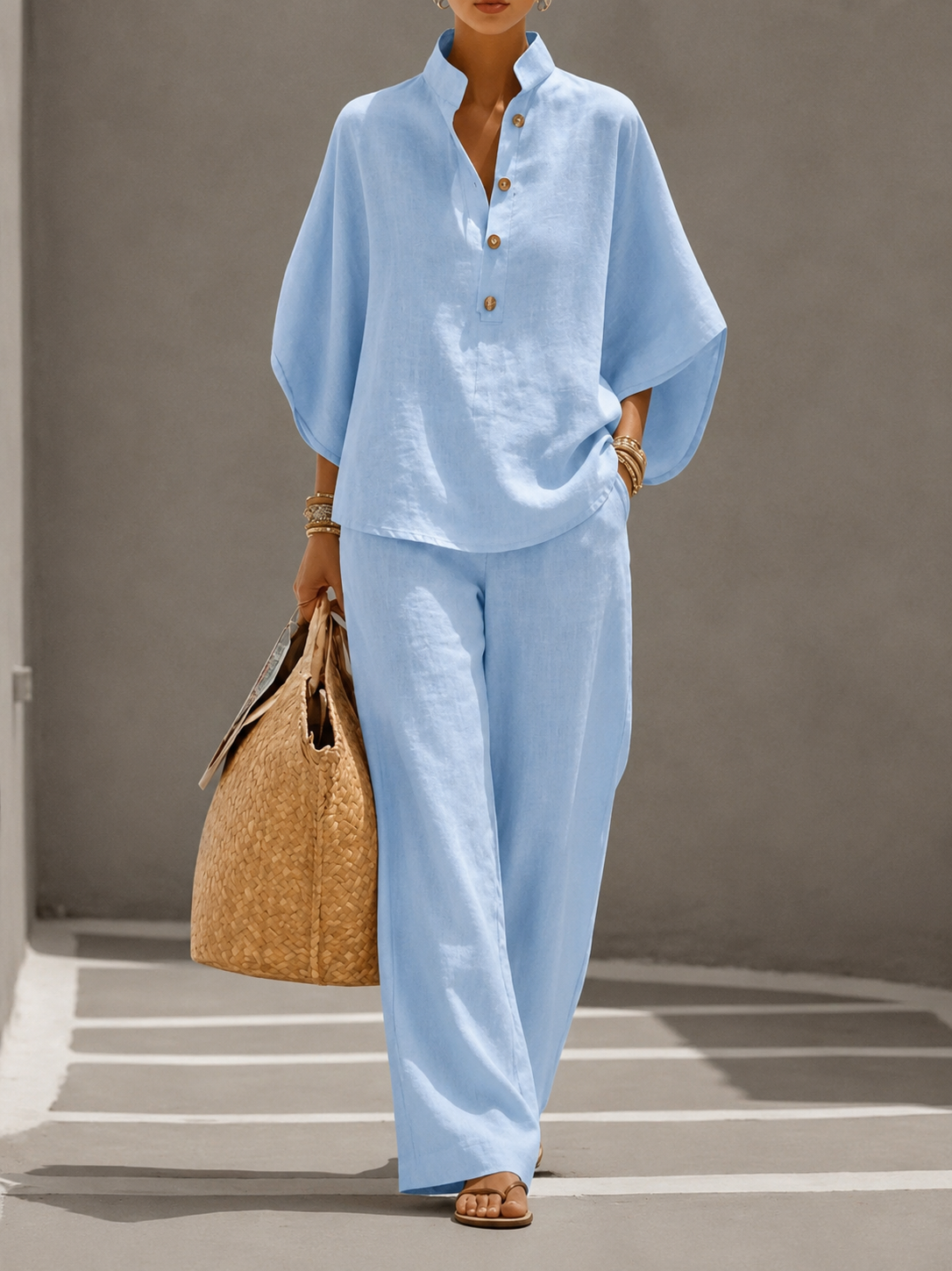 Brielle | Linen Batwing Top & Wide-Leg Pants Set