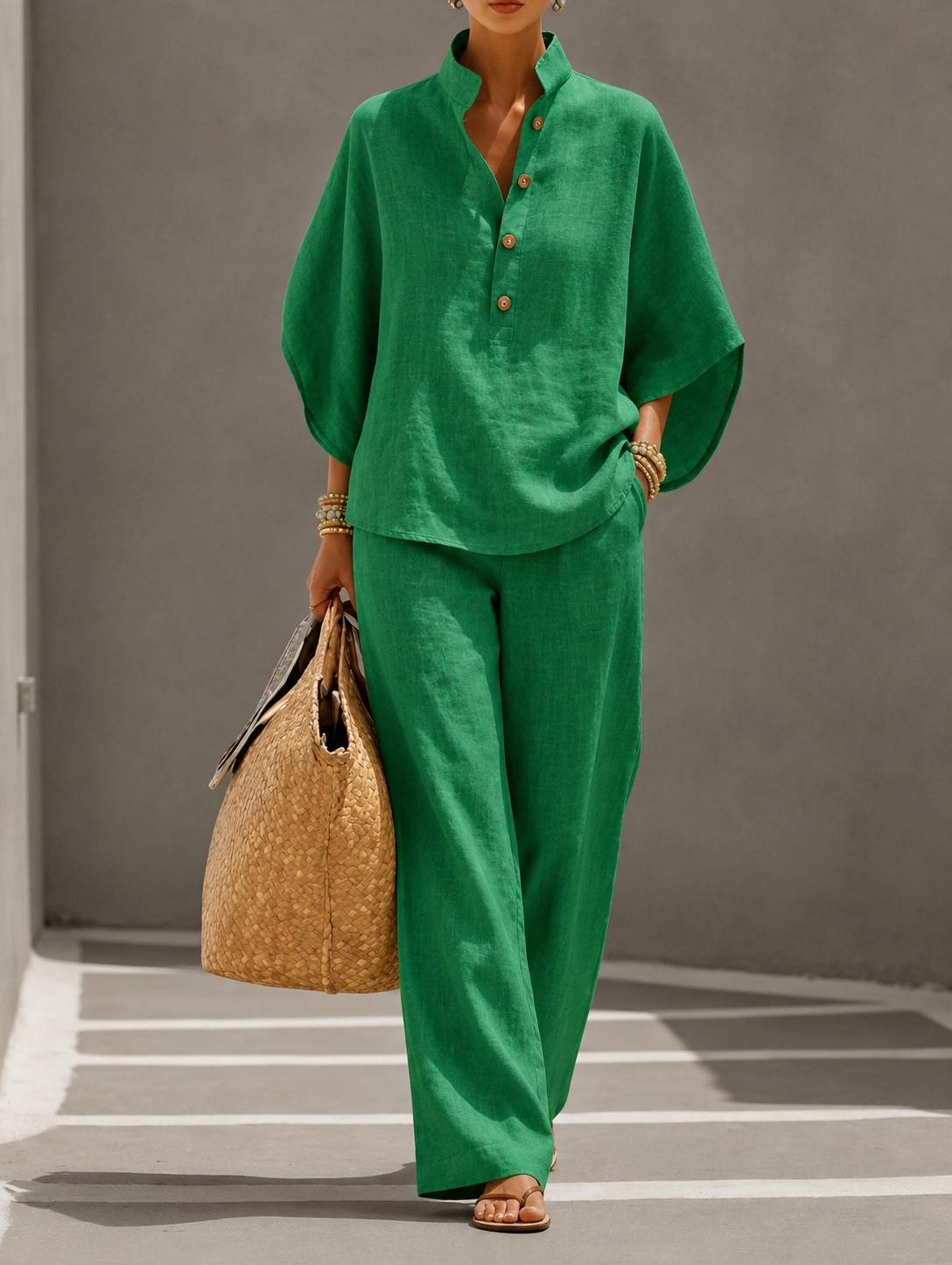 Brielle | Linen Batwing Top & Wide-Leg Pants Set