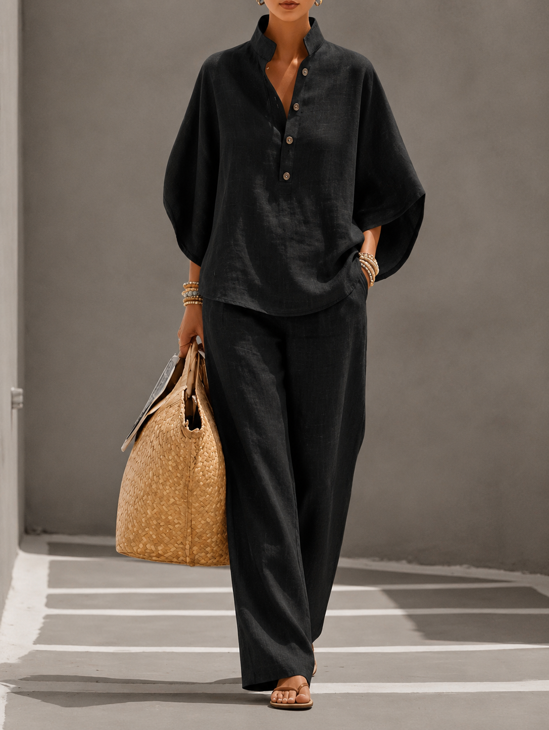 Brielle | Linen Batwing Top & Wide-Leg Pants Set