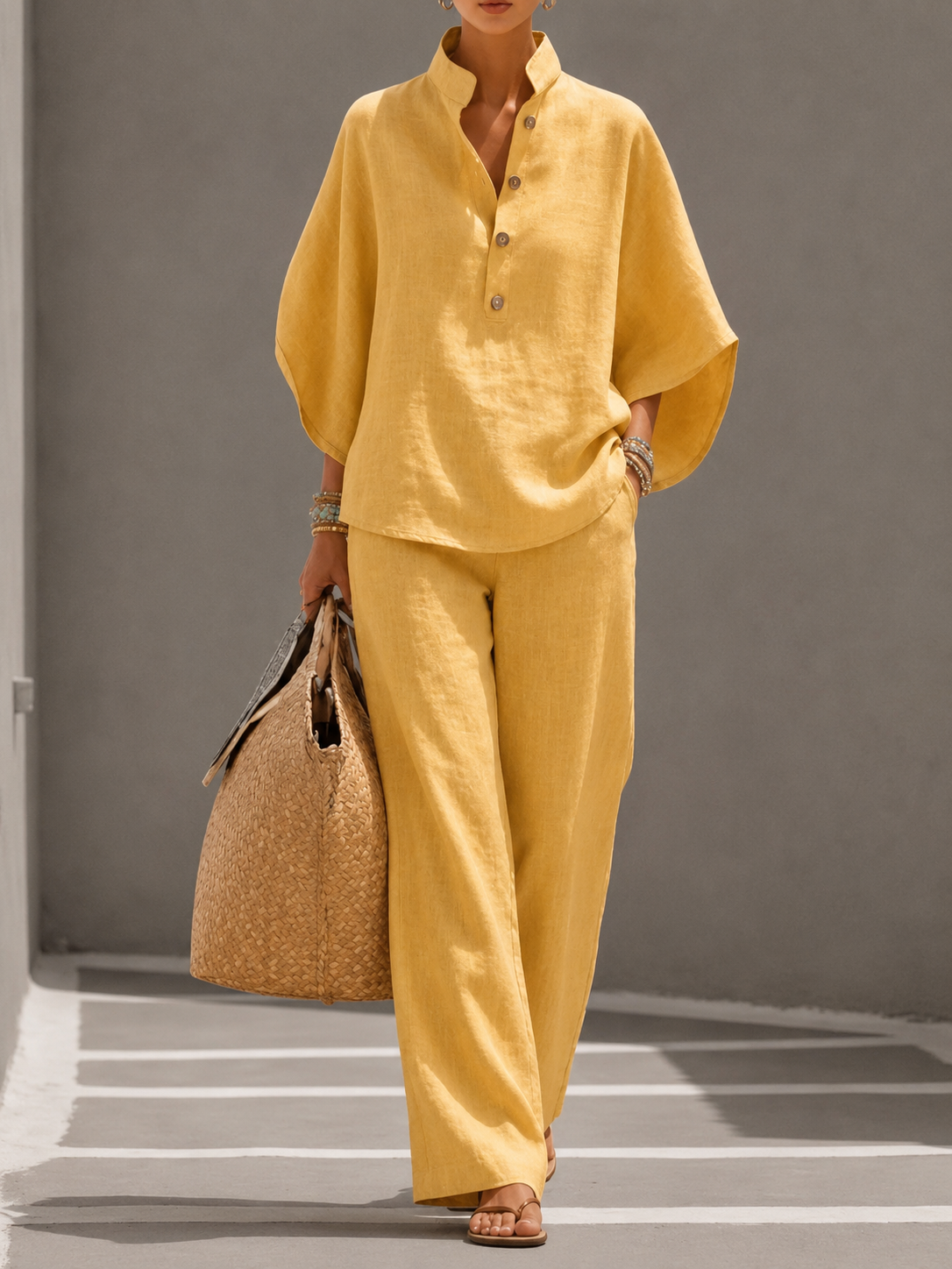 Brielle | Linen Batwing Top & Wide-Leg Pants Set