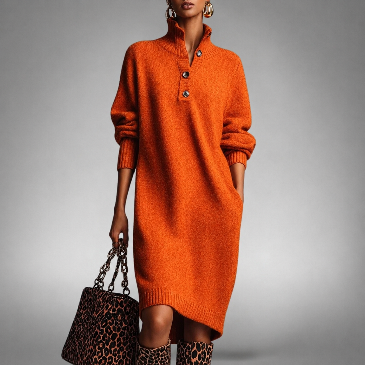 Elise™ | Cozy Button-Neck Sweater Dress