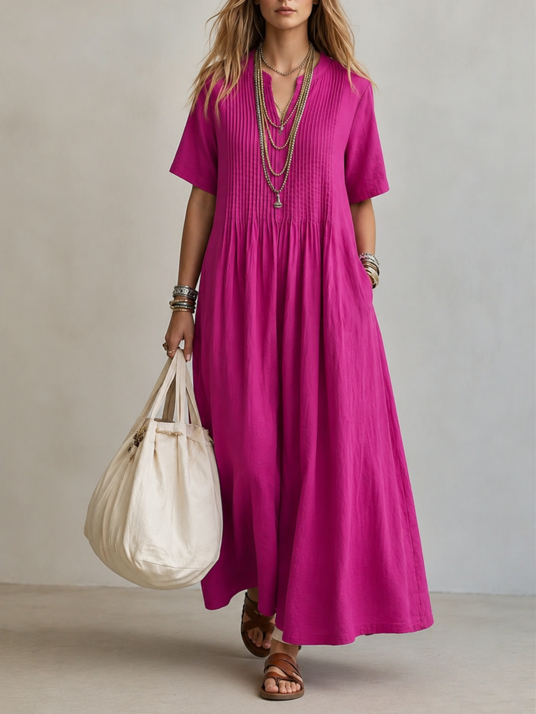 Hannah | Pleated Cotton Maxi Dress