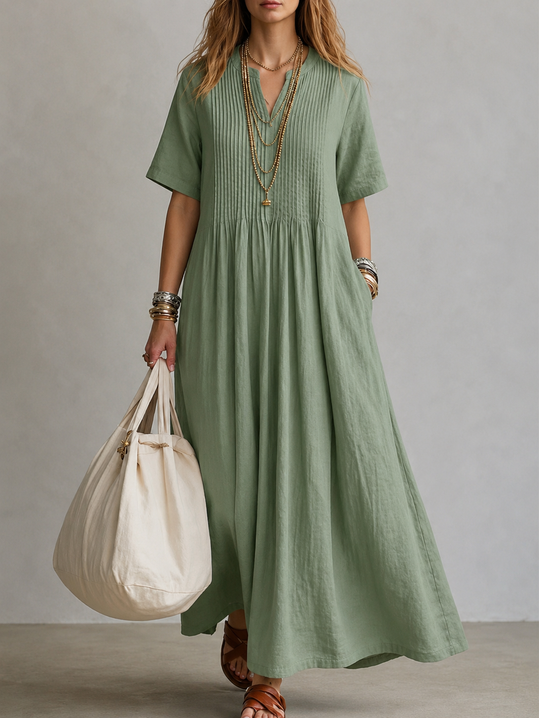 Hannah | Pleated Cotton Maxi Dress
