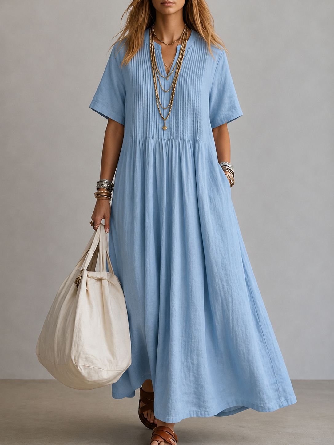 Hannah | Pleated Cotton Maxi Dress