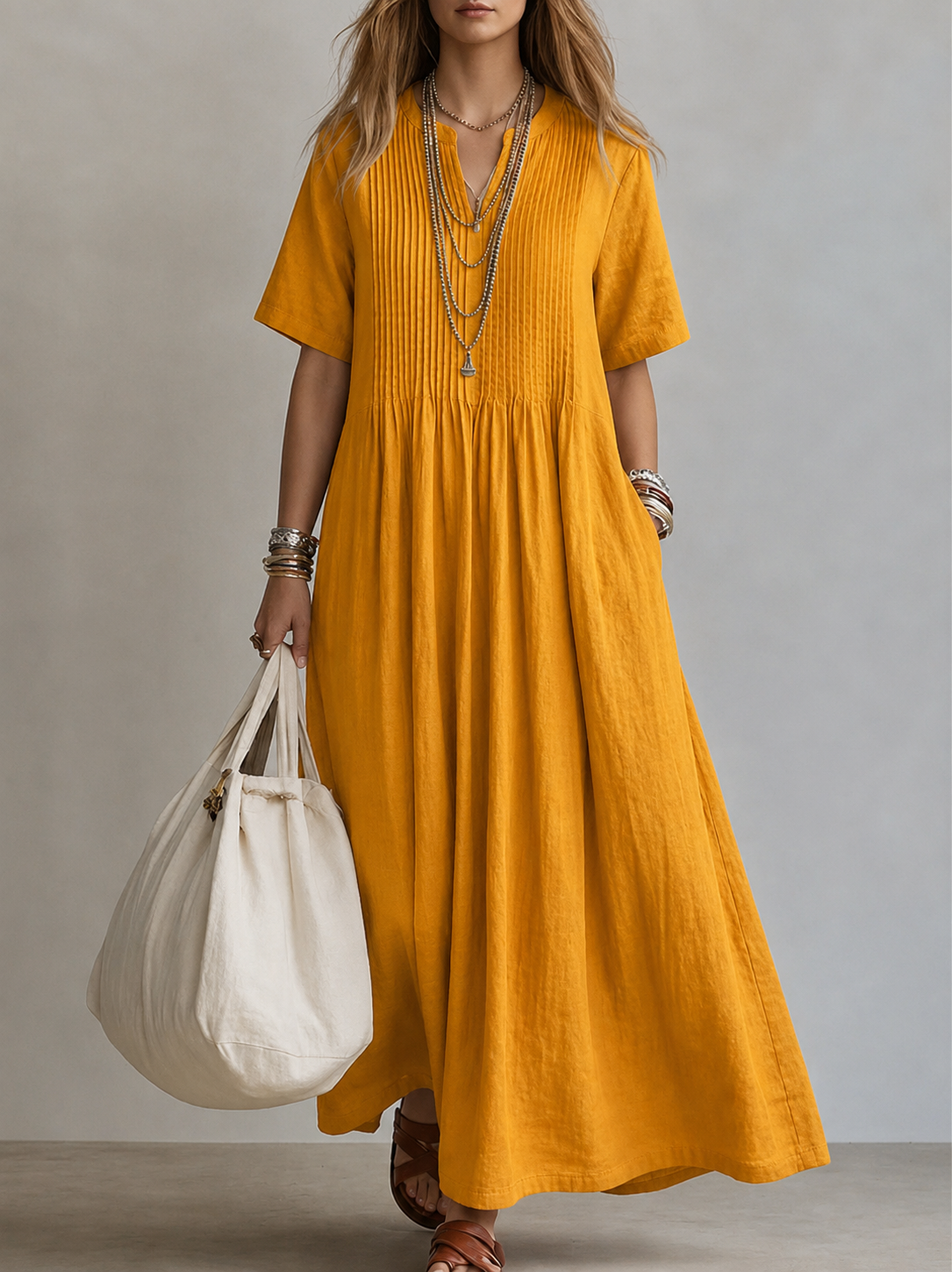 Hannah | Pleated Cotton Maxi Dress