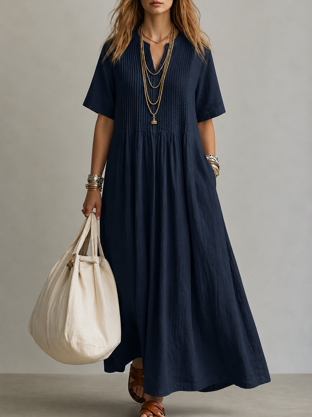 Hannah | Pleated Cotton Maxi Dress